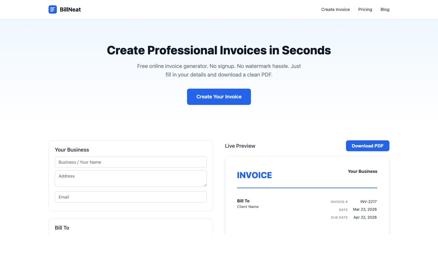 A hero image for BillNeat, a free online invoice generator.